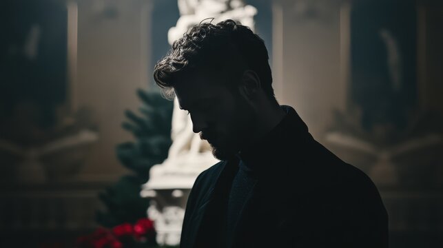 Contemplative Man in Silhouette Amidst Artistic Sculpture Background