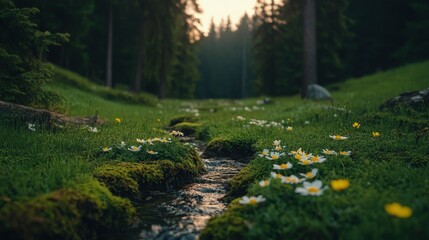 Serene Stream Flowing Through Lush Green Meadow With Wildflowers