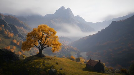 Majestic Autumn Landscape with Vibrant Tree and Serene Mountains