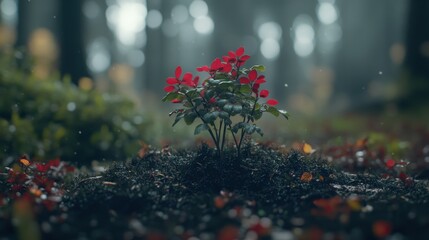 Vibrant Red Leaves Emerging From Dark Earth in Misty Forest Background
