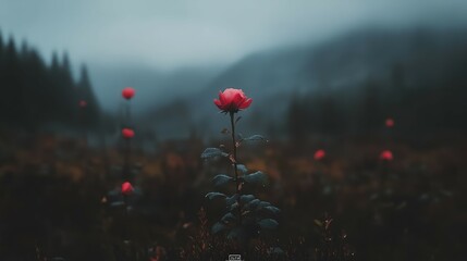 Elegant Rose Blooms Amidst Misty Landscape and Serene Background
