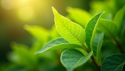 Obraz premium Close-up of young tea tree leaves glowing in sunlight, fresh, health