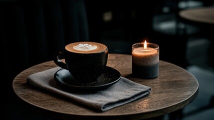 Cozy Coffee Scene with Latte Art and Candle on Wooden Table
