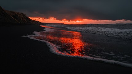 Dramatic Sunset Reflection on Black Sand Beach Under Dark Cloudy Sky