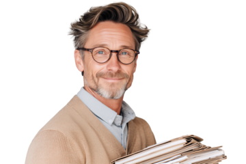 Lächelnder älterer Mann mit Brille und Aktenstapel PNG mit transparentem Hintergrund

