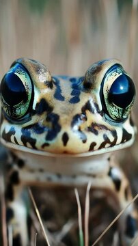 Closeup portrait of a leopard frog with big glossy eyes and speckled skin in grassy environment, looking directly at the viewer