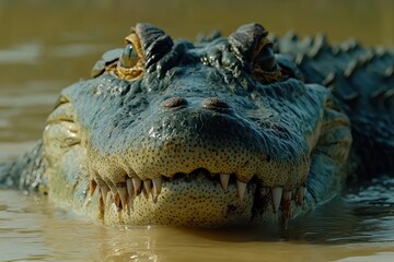 Obraz premium Alligator shows teeth while swimming in murky river water. Use for wildlife, danger, or swamp themed projects.