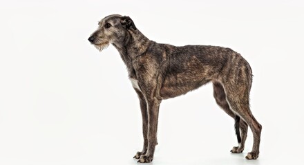 Regal Scottish Deerhound Standing Gracefully on White Highlighting Slender Build