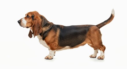 Quintessential Basset Hound Portrait Sitting Calmly on White Highlighting Droopy Ears and Wrinkles