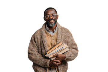 Lächelnder älterer Mann mit Brille und Aktenstapel PNG mit transparentem Hintergrund

