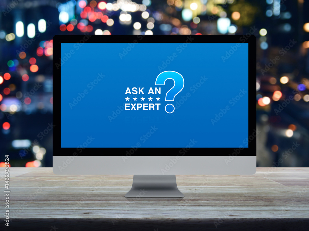Aufkleber ask an expert with star and question mark sign icon on computer monitor screen on wooden table over 