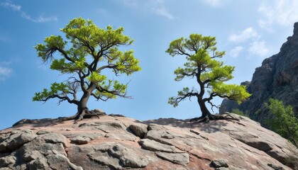 Two trees on a rocky peak under a clear blue sky