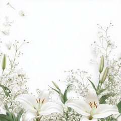 Minimal floral border in soft green and white with lilies and baby’s breath on a simple white background with copy space © Mari