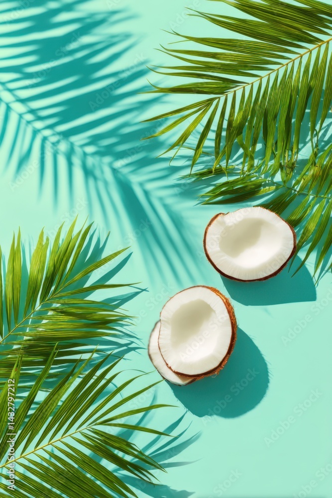 Aufkleber tropical summer vibe with halved coconuts and palm leaves casting shadows on a vibrant turquoise bac