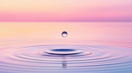 A single water droplet in mid-air, creating a beautiful ripple effect.