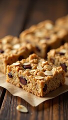 Close-up shot of granola bars with oats, nuts, seeds, and honey on rustic wooden table, granola, delicious, bars