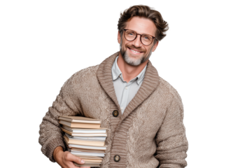 Lächelnder älterer Mann mit Brille und Aktenstapel PNG mit transparentem Hintergrund

