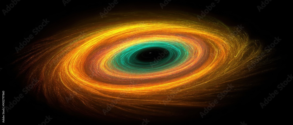 Poster abstract cosmic vortex with swirling light trails against a dark background creating a sense of dept