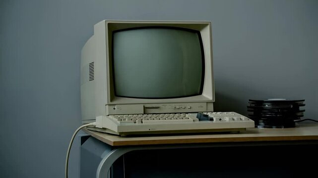 Old computer with floppy disks on desk against gray wall