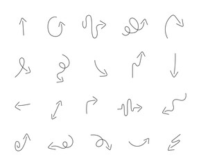 Minimalist arrows with abstract decorative curved line art design elements for modern outline motion graphics and direction symbols