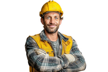 Bauarbeiter mit gelbem Helm und verschränkten Armen PNG mit transparentem Hintergrund

