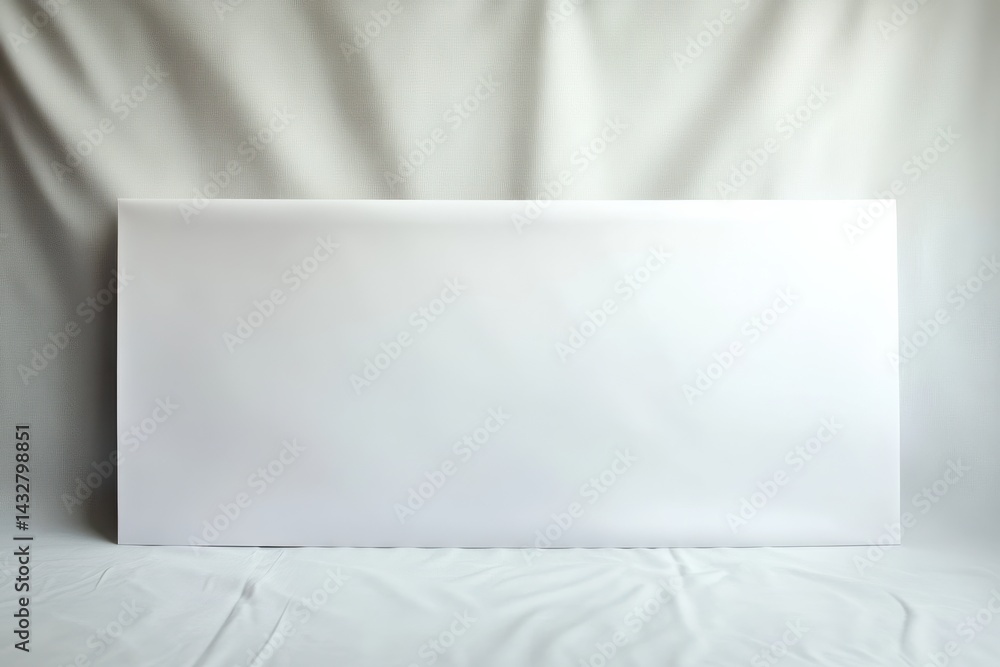 Poster A horizontal plain white board is placed against a wrinkled white backdrop, creating a simple and elegant studio setup.