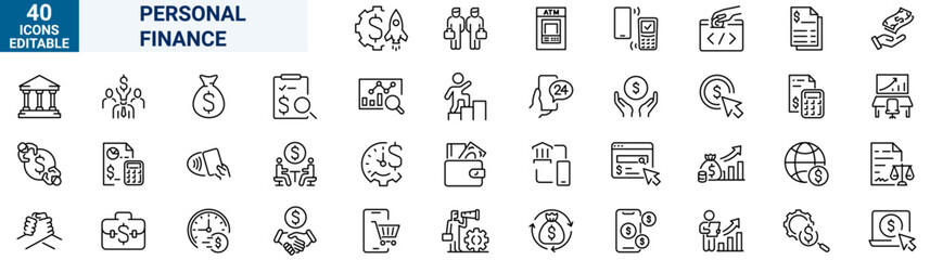 Personal finance web line icons collection. cash, saving, financial goal, profit. Editable stroke. Vector illustration