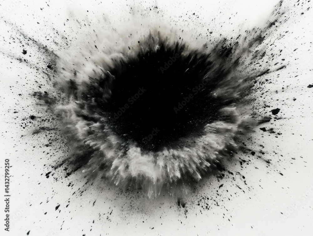 Poster abstract black ink explosion on white backdrop creating a dynamic and dramatic visual effect with a 
