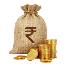 Rupee sack with coins illustration on transparent background
