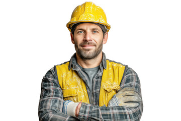 Bauarbeiter mit gelbem Helm und verschr&auml;nkten Armen PNG mit transparentem Hintergrund

