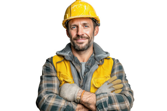 Bauarbeiter mit gelbem Helm und verschr&auml;nkten Armen PNG mit transparentem Hintergrund

