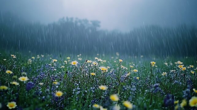 Misty rain falls on a vibrant field of wildflowers.