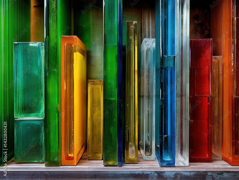 Poster vibrant glass blocks arrayed in colorful spectrum abstract composition with translucent texture and 