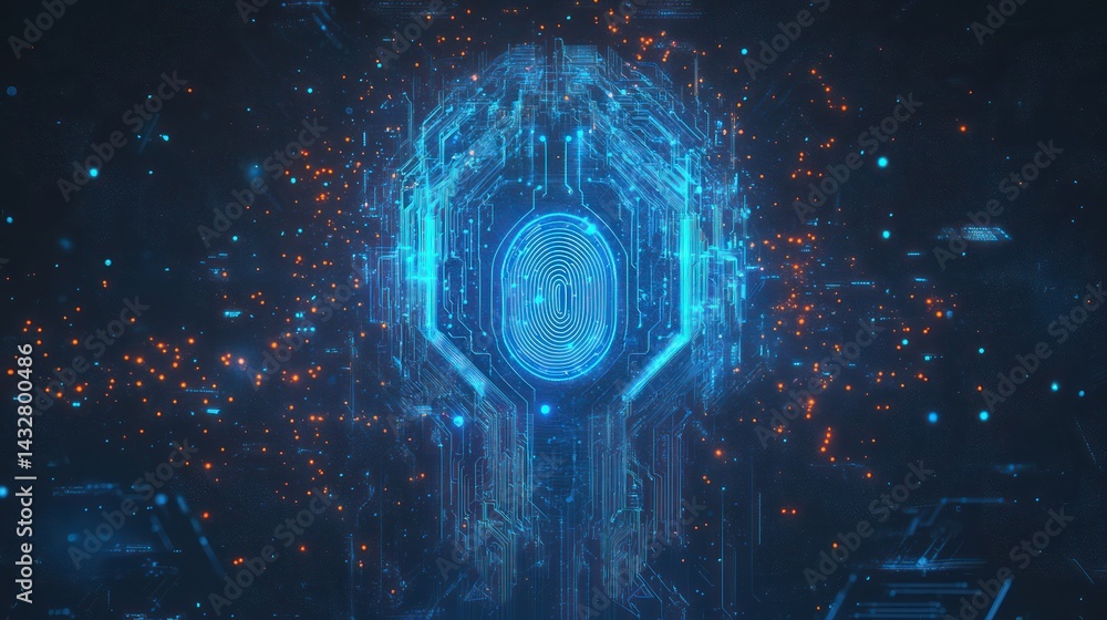 Poster digital fingerprint scan blue glowing circuit board with data transfer on dark background