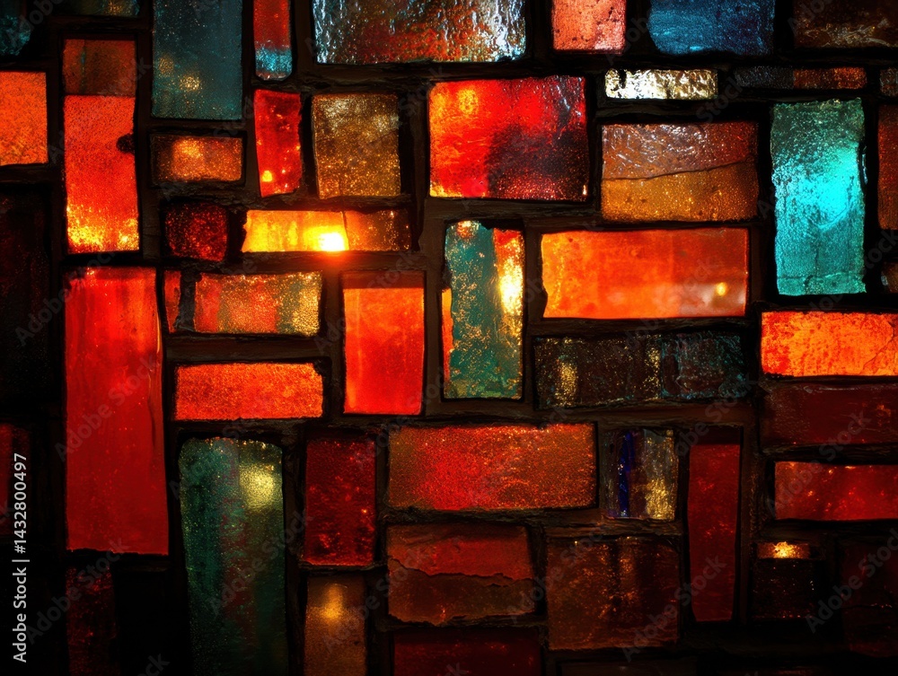 Poster vibrant stained glass blocks create a colorful mosaic with warm hues and an abstract design illumina