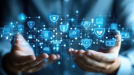 Businessperson holding digital security network, city background