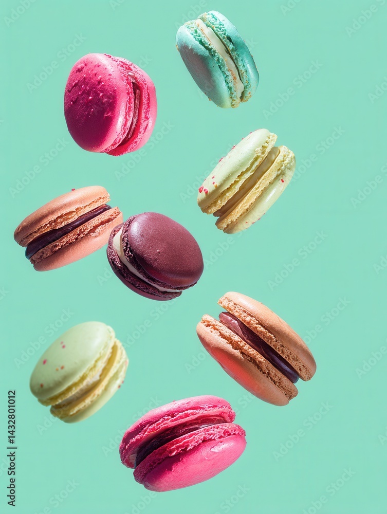 Poster colorful macarons floating in a vibrant composition against a light green background creating a deli