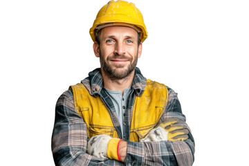 Bauarbeiter mit gelbem Helm und verschr&auml;nkten Armen PNG mit transparentem Hintergrund

