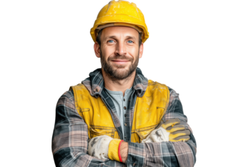 Bauarbeiter mit gelbem Helm und verschränkten Armen PNG mit transparentem Hintergrund

