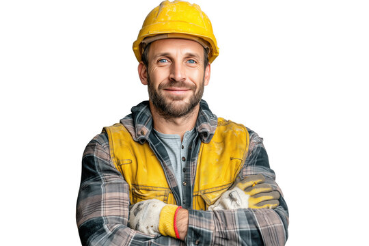 Bauarbeiter mit gelbem Helm und verschr&auml;nkten Armen PNG mit transparentem Hintergrund

