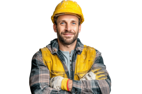 Bauarbeiter mit gelbem Helm und verschränkten Armen PNG mit transparentem Hintergrund

