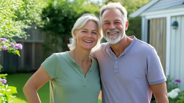 A couple of older people are smiling and posing for a picture in a garden. The man is wearing a striped shirt and the woman is wearing a green shirt