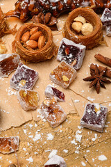 Sweet food Turkish delight on wooden background, assorted locum and candy for decorated backdrop