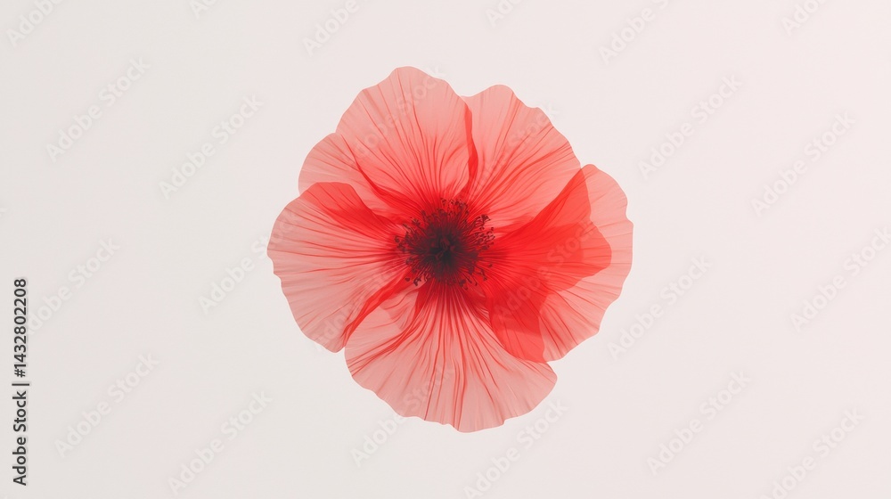 Poster a single red flower with a dark center is centered against a light gray background.