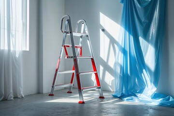A red ladder stands in a partially renovated room with plastic sheeting covering surfaces and soft sunlight streaming through the window, capturing a scene of meticulous preparation and construction.