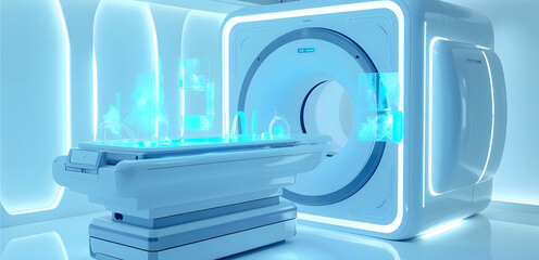 "A futuristic MRI machine surrounded by holographic interface elements and digital patient scan data, 