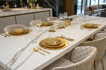 Large dining table with white marble set with gold tableware