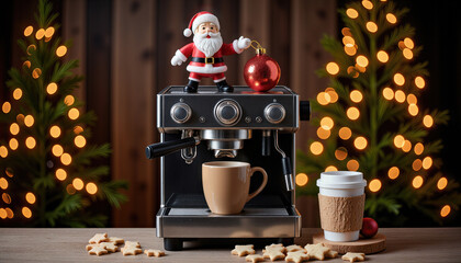 Modern espresso machine with a Santa figurine perched on top, red ornaments hanging, warm brown coffee cup in front, scattered star-shaped sugar cookies on the countertop, Christmas