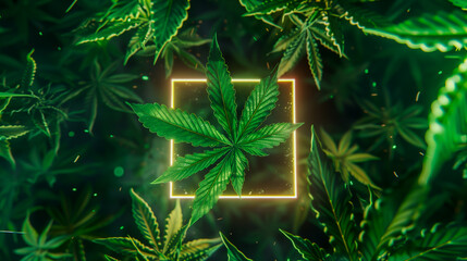 Cannabis leaf in front of a neon colored square with blurred cannabis leaves in the background