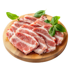Fototapeta premium Fresh slices of pork arranged on a wooden board with basil leaves on a clean transparent background, Meat, pork, slices pork on transparent background